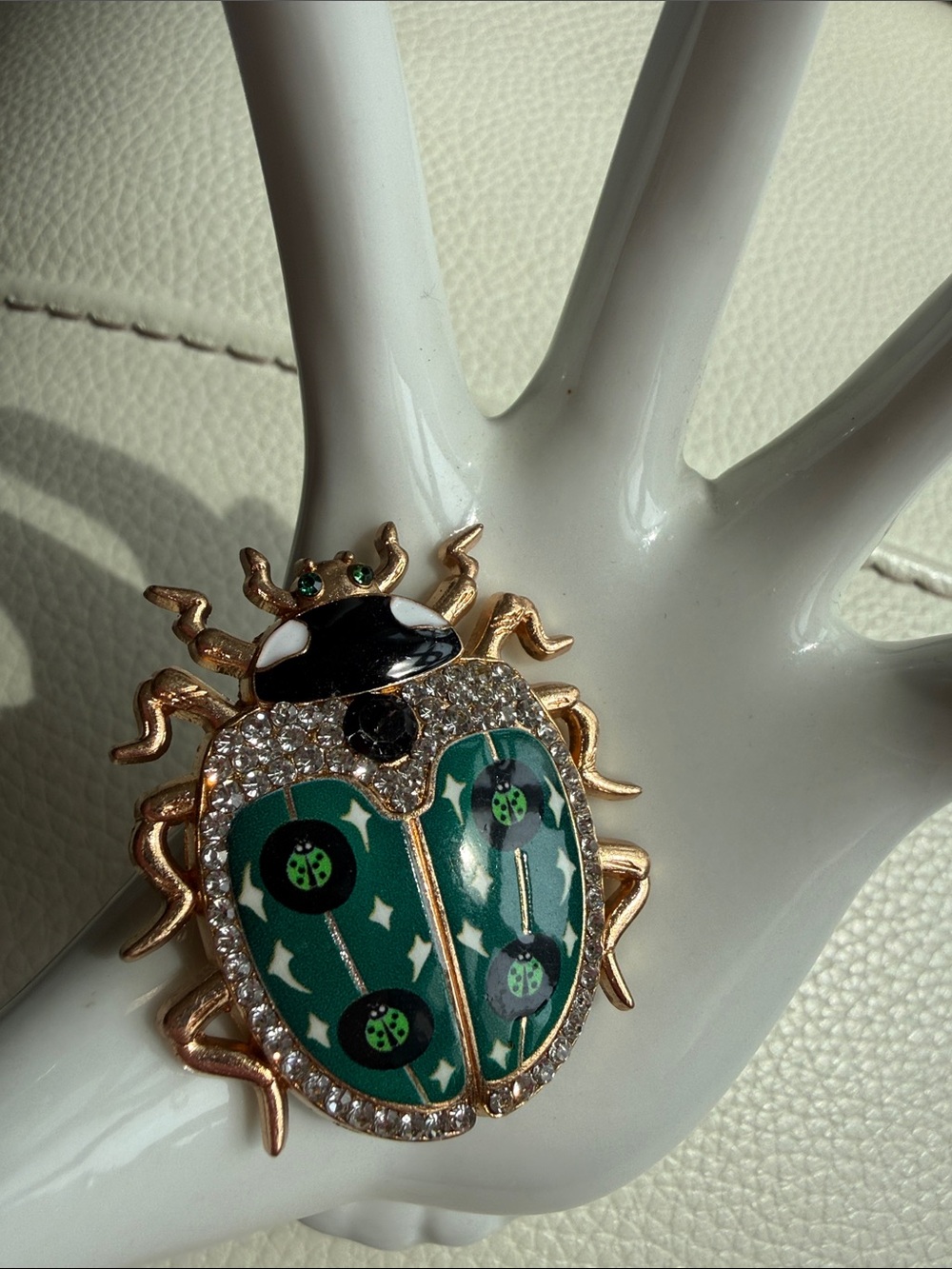 Green Ladybug Enamel Brooch with Crystal Accents